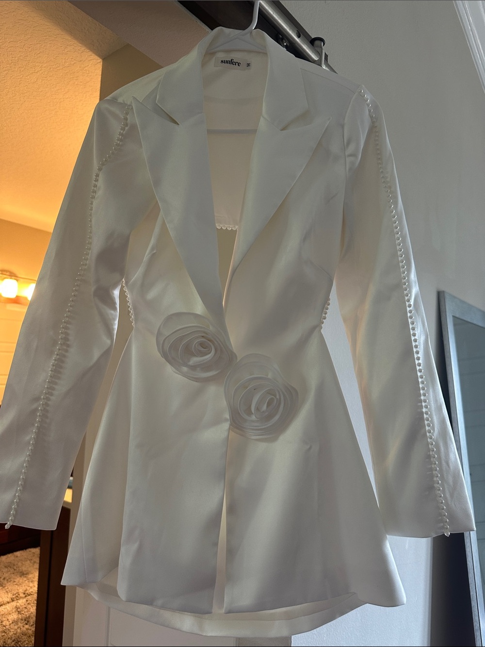 White Satin Blazer with Rosette Details by Sunfire